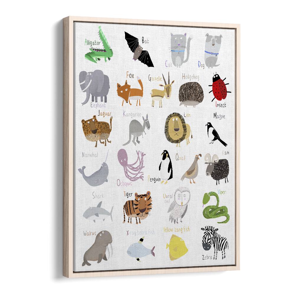 Illustrated Alphabet Animal Letters On White Background By Carla Daly Kids Painting in Oak Wood Floater Frame