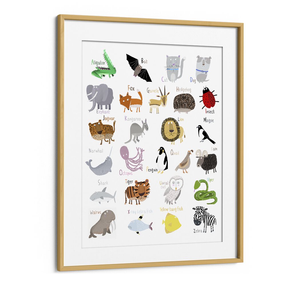 Illustrated Alphabet Animal Letters On White Background By Carla Daly Kids Painting in Oak Wood Frame With Mount