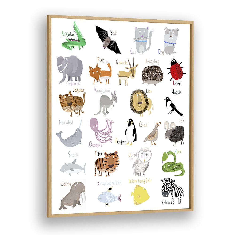 Illustrated Alphabet Animal Letters On White Background By Carla Daly Kids Painting in Oak Wood Plain Frame