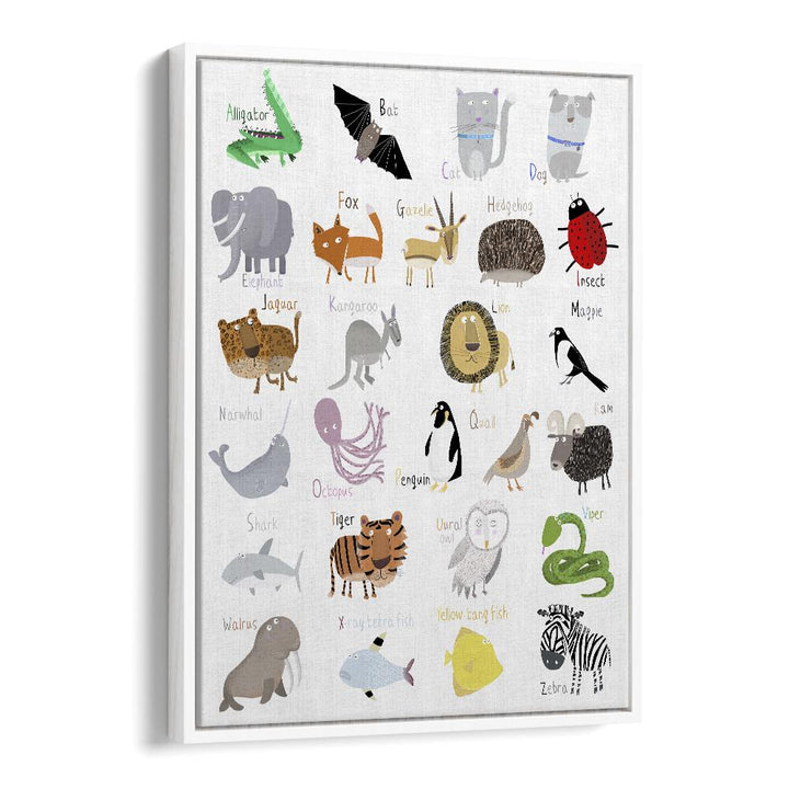 Illustrated Alphabet Animal Letters On White Background By Carla Daly Kids Painting in White Floater Frame