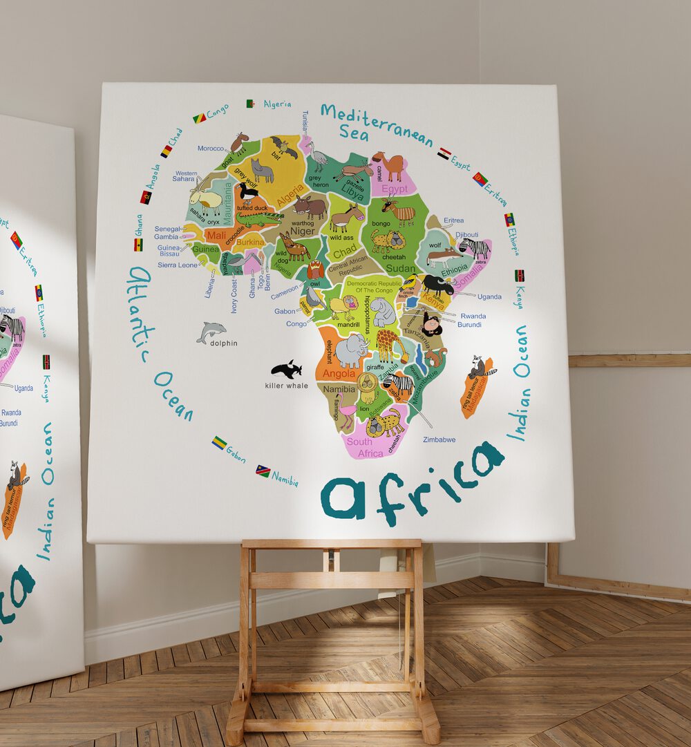 Illustrated Map Of Africa With Countries And Cute Animals By Carla Daly Kids Room Paintings placed on a wall