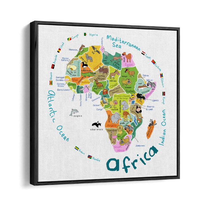 Illustrated Map Of Africa With Countries And Cute Animals By Carla Daly Kids Room Painting in Black Floater Frame