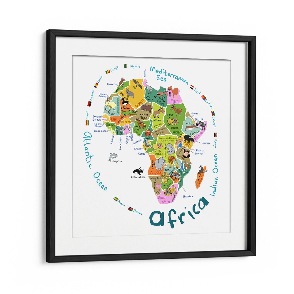 Illustrated Map Of Africa With Countries And Cute Animals By Carla Daly Kids Room Painting in Black Frame With Mount