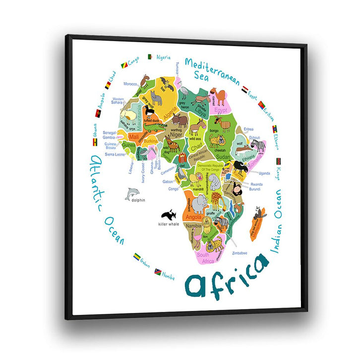 Illustrated Map Of Africa With Countries And Cute Animals By Carla Daly Kids Room Painting in Black Plain Frame