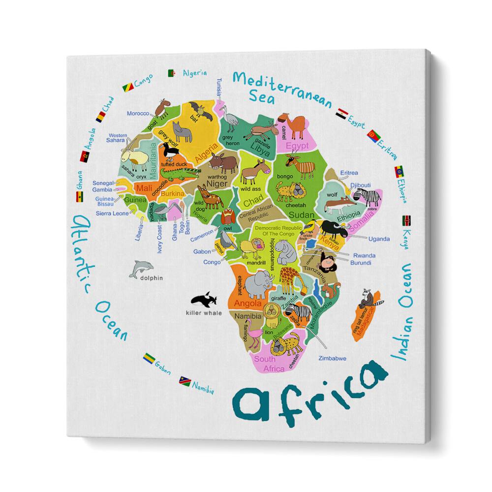 Illustrated Map Of Africa With Countries And Cute Animals By Carla Daly Kids Room Painting in Gallery Wrap