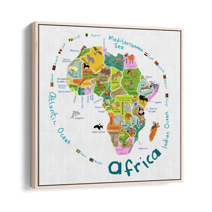 Illustrated Map Of Africa With Countries And Cute Animals By Carla Daly Kids Room Painting in Oak Wood Floater Frame