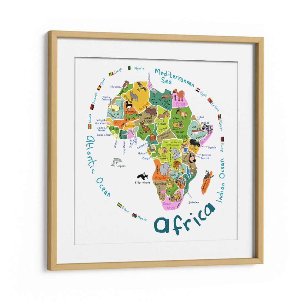 Illustrated Map Of Africa With Countries And Cute Animals By Carla Daly Kids Room Painting in Oak Wood Frame With Mount