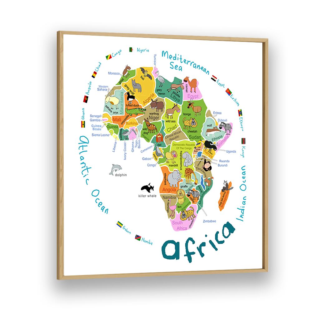 Illustrated Map Of Africa With Countries And Cute Animals By Carla Daly Kids Room Painting in Oak Wood Plain Frame