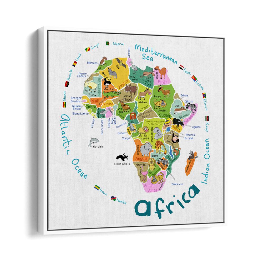 Illustrated Map Of Africa With Countries And Cute Animals By Carla Daly Kids Room Painting in White Floater Frame