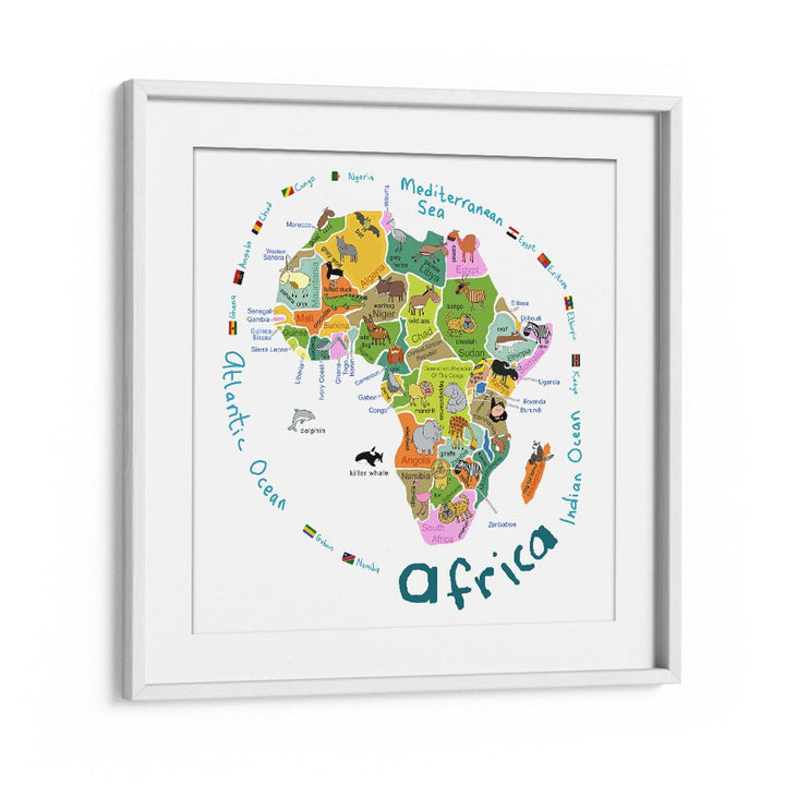 Illustrated Map Of Africa With Countries And Cute Animals By Carla Daly Kids Room Painting in White Frame With Mount