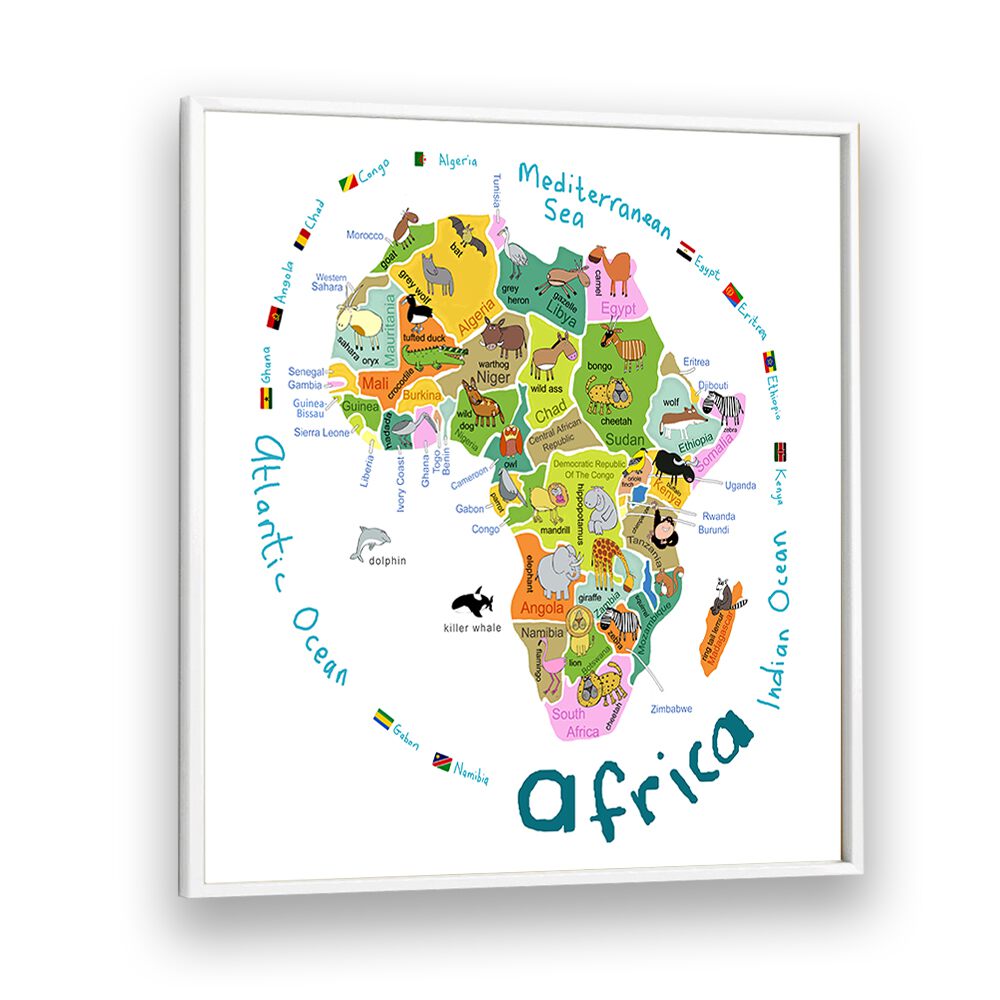 Illustrated Map Of Africa With Countries And Cute Animals By Carla Daly Kids Room Painting in White Plain Frame