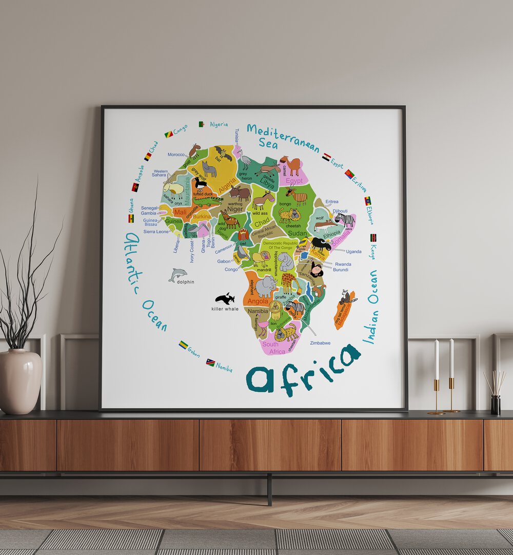 Illustrated Map Of Africa With Countries And Cute Animals By Carla Daly Kids Room Paintings placed on a wall