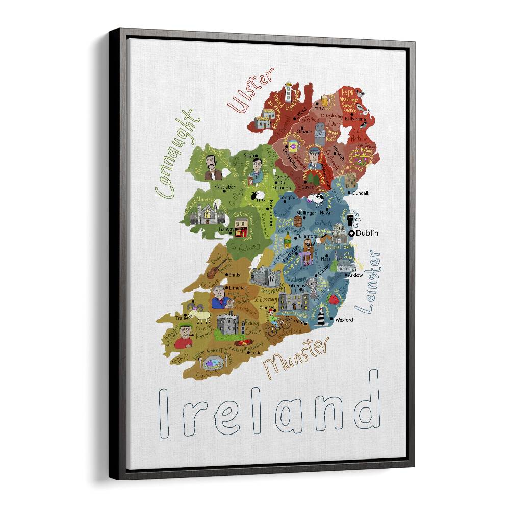 Illustrated Map Of Ireland With Country Icons By Carla Daly Kids Painting in Black Floater Frame