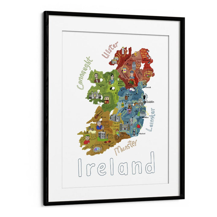 Illustrated Map Of Ireland With Country Icons By Carla Daly Kids Painting in Black Frame With Mount