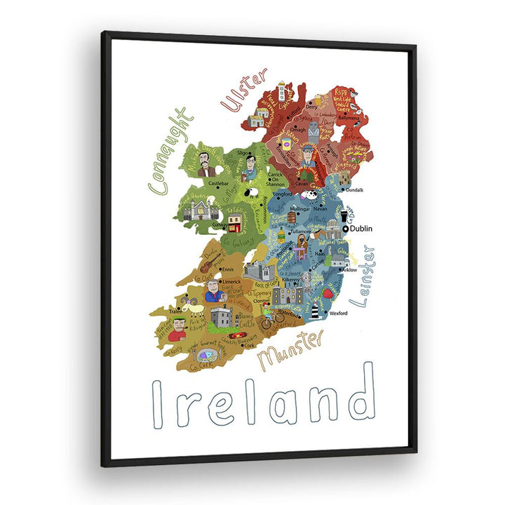 Illustrated Map Of Ireland With Country Icons By Carla Daly Kids Painting in Black Plain Frame