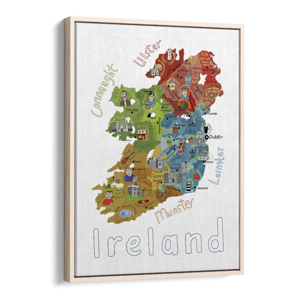 Illustrated Map Of Ireland With Country Icons By Carla Daly Kids Painting in Oak Wood Floater Frame