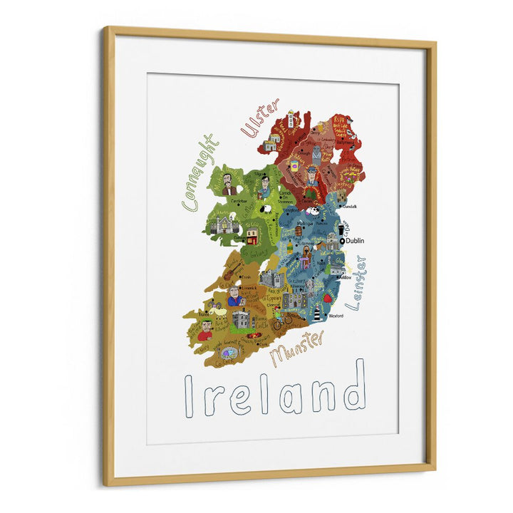 Illustrated Map Of Ireland With Country Icons By Carla Daly Kids Painting in Oak Wood Frame With Mount