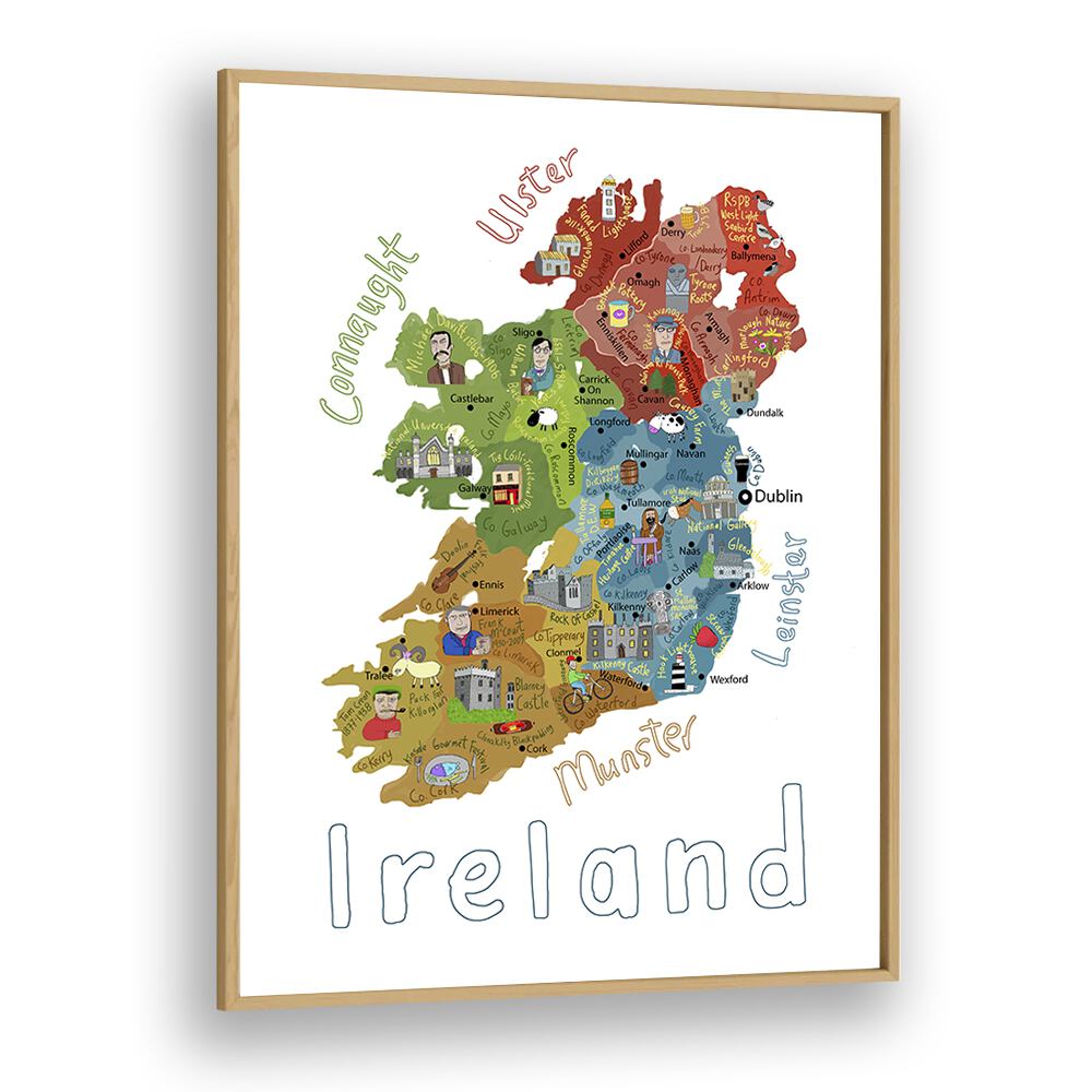 Illustrated Map Of Ireland With Country Icons By Carla Daly Kids Painting in Oak Wood Plain Frame