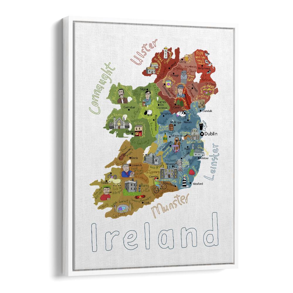 Illustrated Map Of Ireland With Country Icons By Carla Daly Kids Painting in White Floater Frame