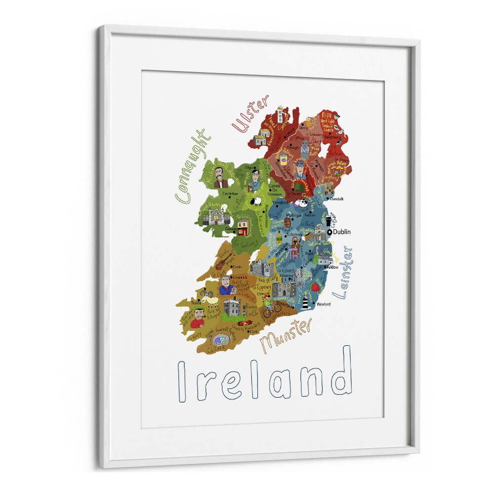 Illustrated Map Of Ireland With Country Icons By Carla Daly Kids Painting in White Frame With Mount