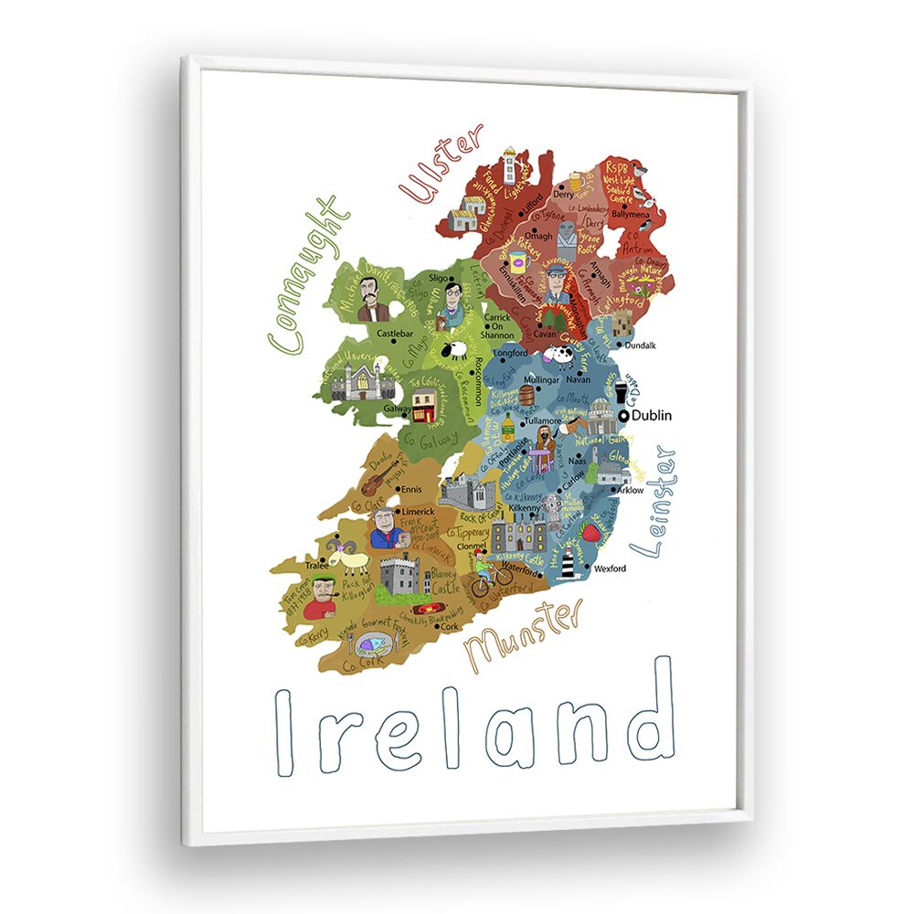 Illustrated Map Of Ireland With Country Icons By Carla Daly Kids Painting in White Plain Frame