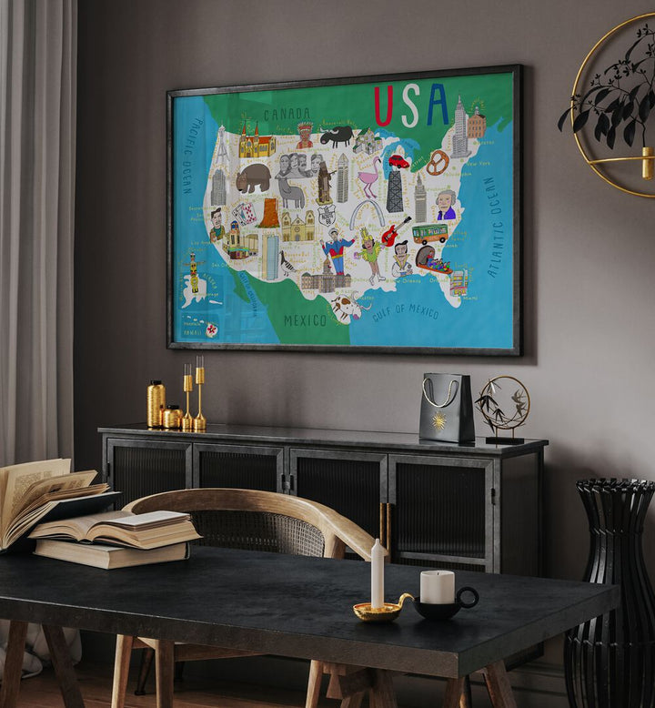 Illustrated Map Of The Usa By Carla Daly Kids Painting placed on a wall