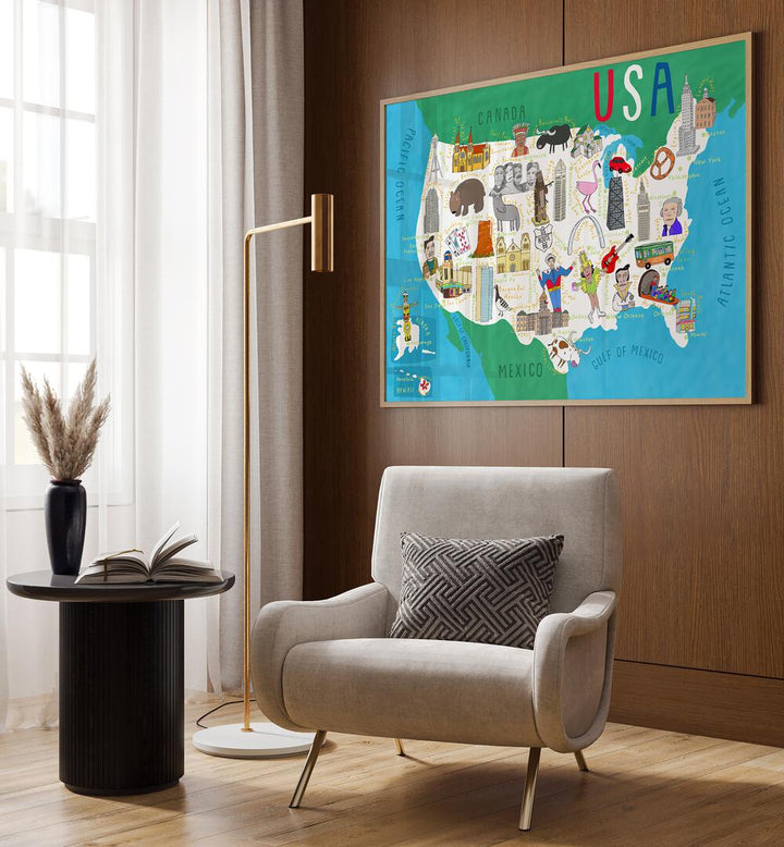 Illustrated Map Of The Usa By Carla Daly Kids Painting placed on a wall