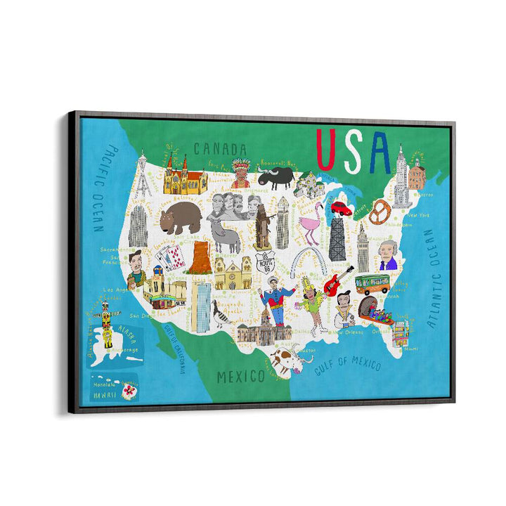 Illustrated Map Of The Usa By Carla Daly Kids Painting in Black Floater Frame