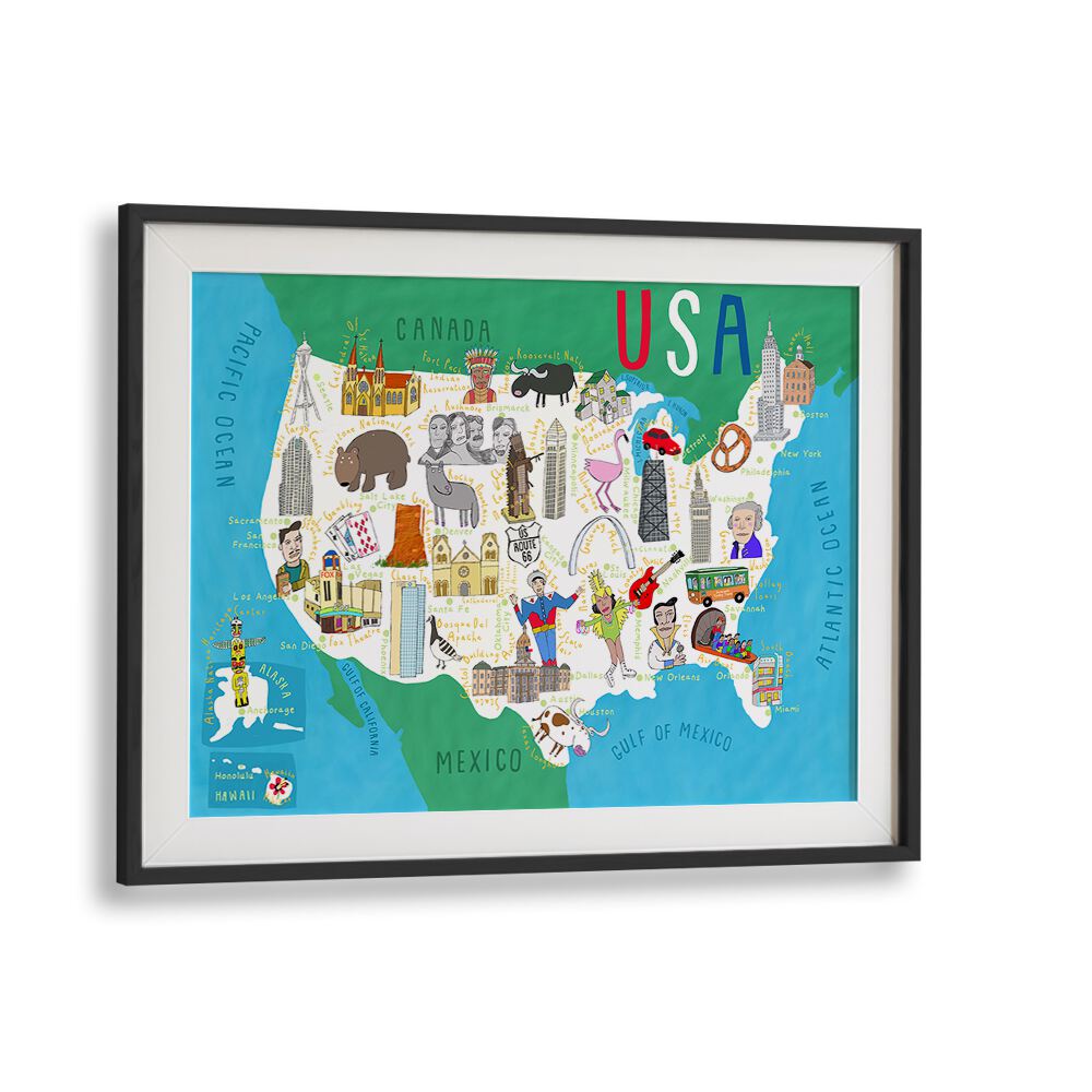 Illustrated Map Of The Usa By Carla Daly Kids Painting in Black Frame With Mount