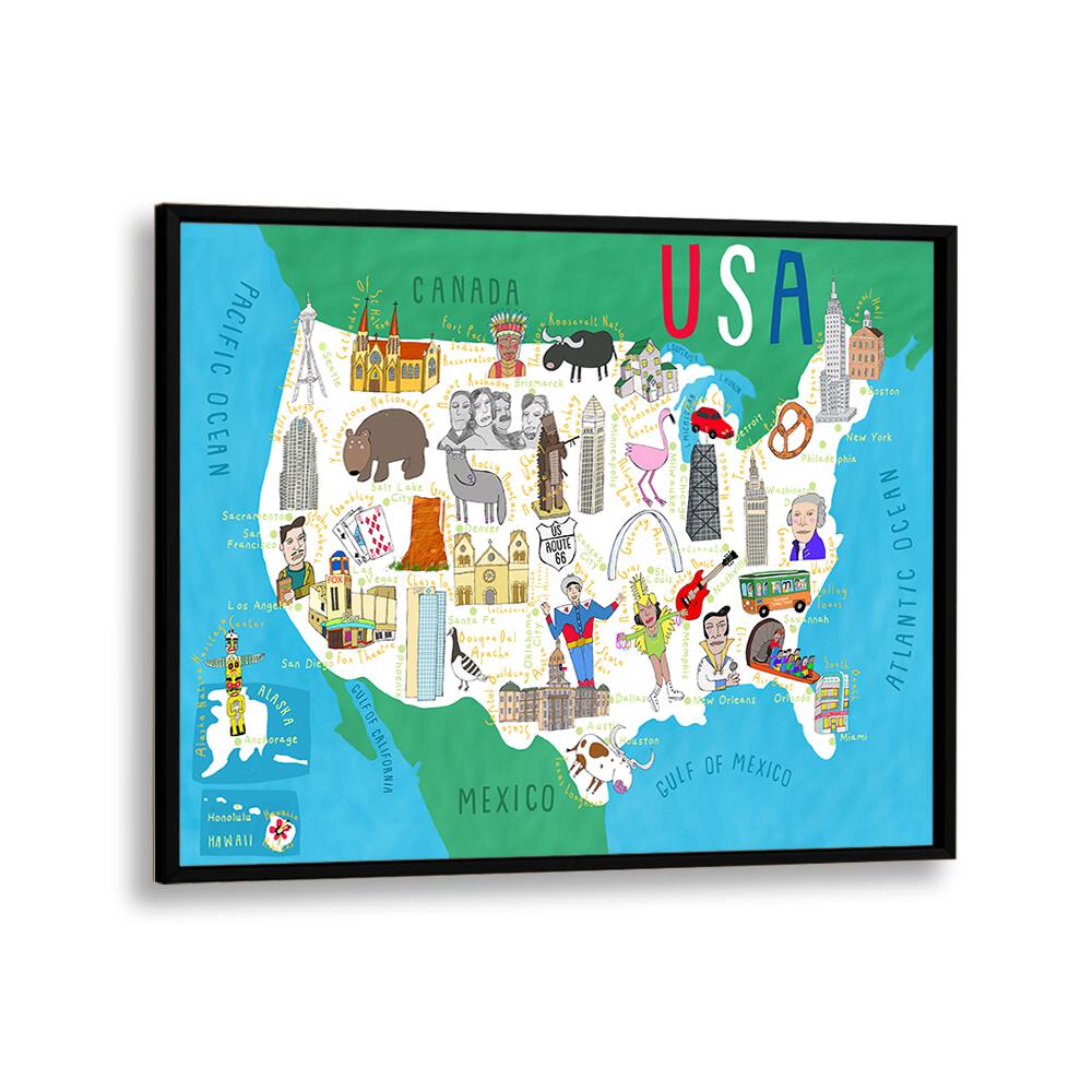 Illustrated Map Of The Usa By Carla Daly Kids Painting in Black Plain Frame