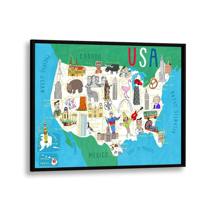 Illustrated Map Of The Usa By Carla Daly Kids Painting in Black Plain Frame