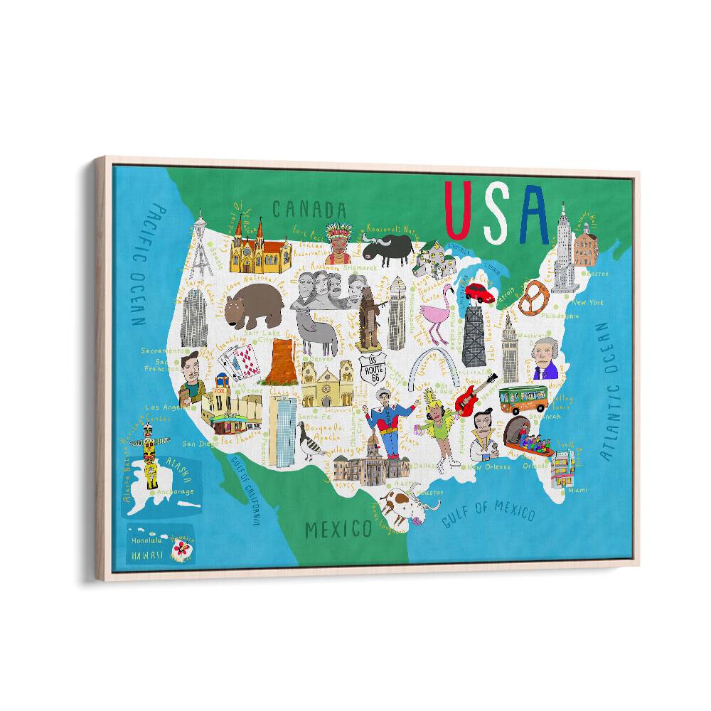 Illustrated Map Of The Usa By Carla Daly Kids Painting in Oak Wood Floater Frame