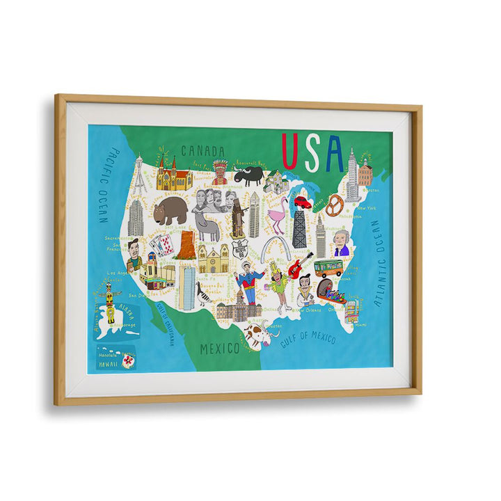 Illustrated Map Of The Usa By Carla Daly Kids Painting in Oak Wood Frame With Mount