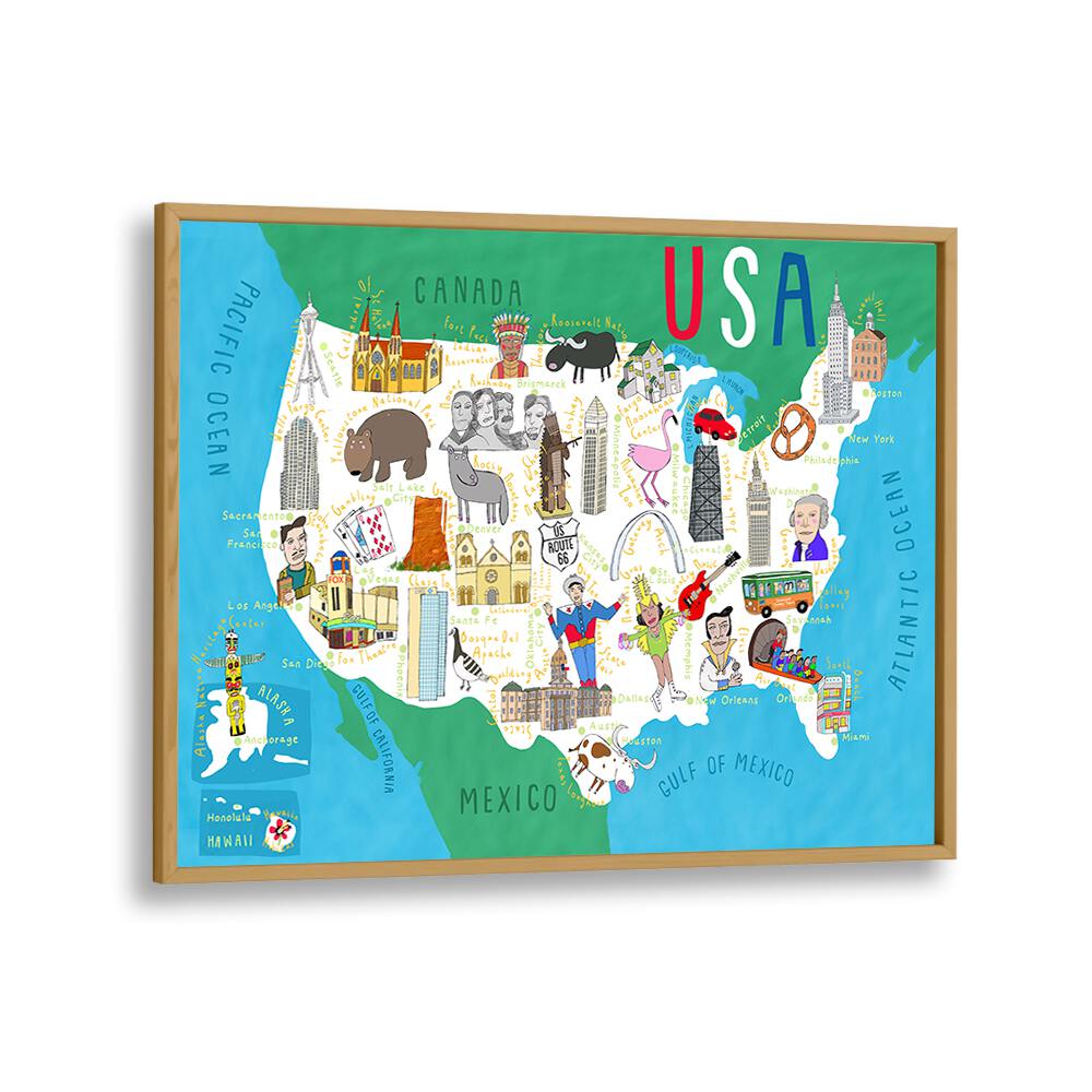 Illustrated Map Of The Usa By Carla Daly Kids Painting in Oak Wood Plain Frame