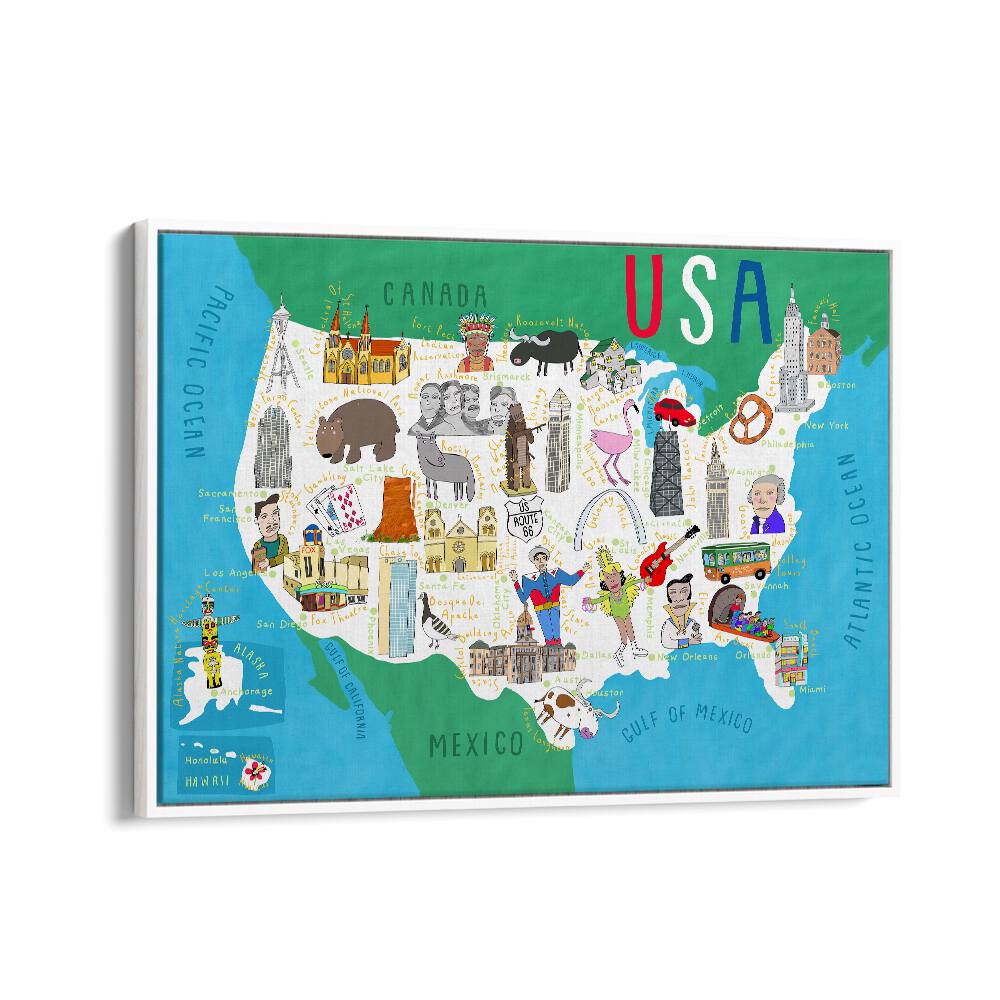 Illustrated Map Of The Usa By Carla Daly Kids Painting in White Floater Frame