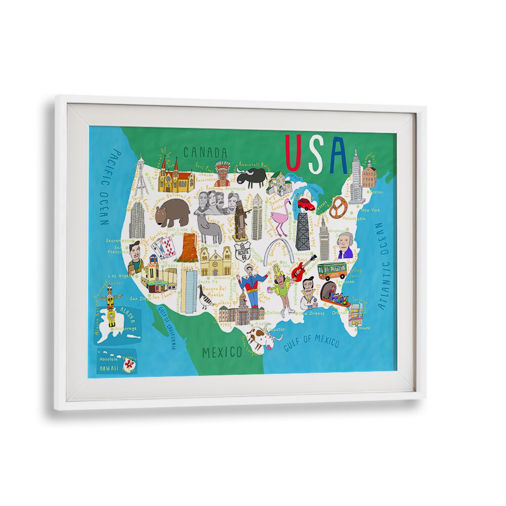 Illustrated Map Of The Usa By Carla Daly Kids Painting in White Frame With Mount