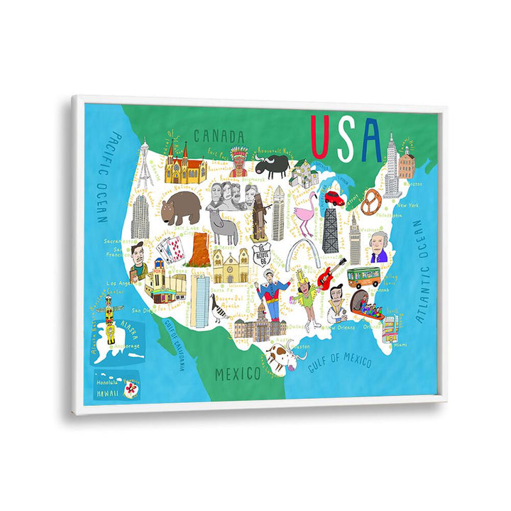 Illustrated Map Of The Usa By Carla Daly Kids Painting in White Plain Frame