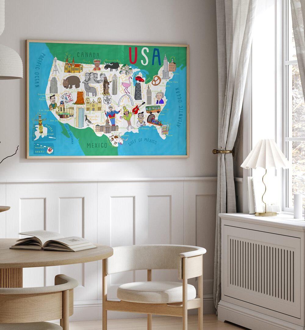 Illustrated Map Of The Usa By Carla Daly Kids Painting placed on a wall