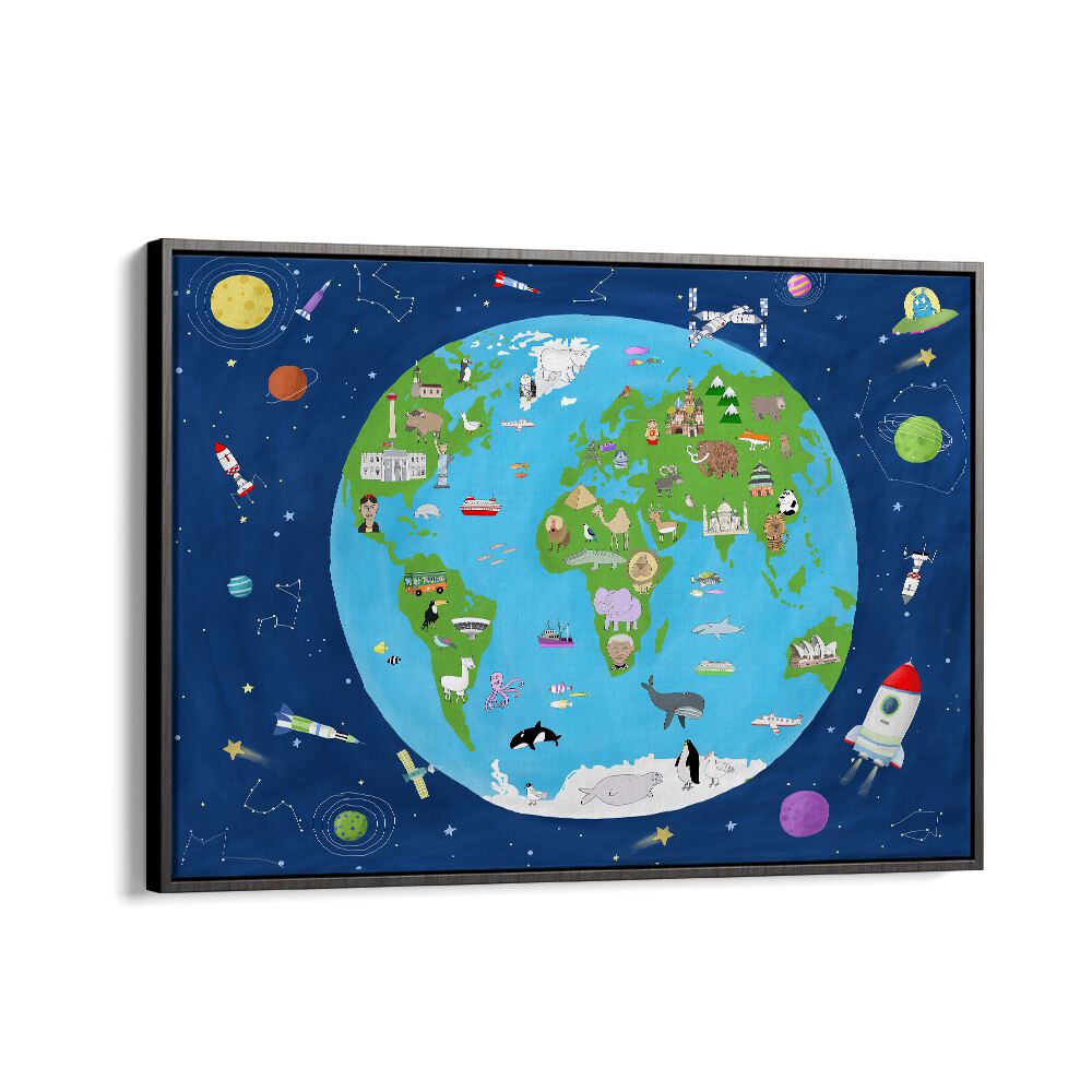 Illustrated Map Of The World From Space By Carla Daly Kids Painting in Black Floater Frame