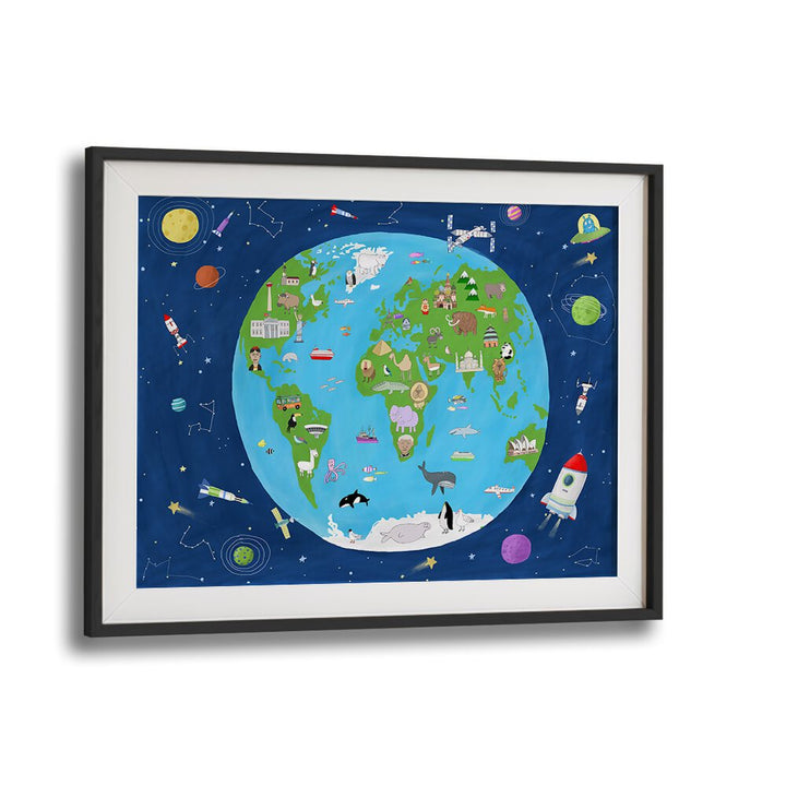 Illustrated Map Of The World From Space By Carla Daly Kids Painting in Black Frame With Mount