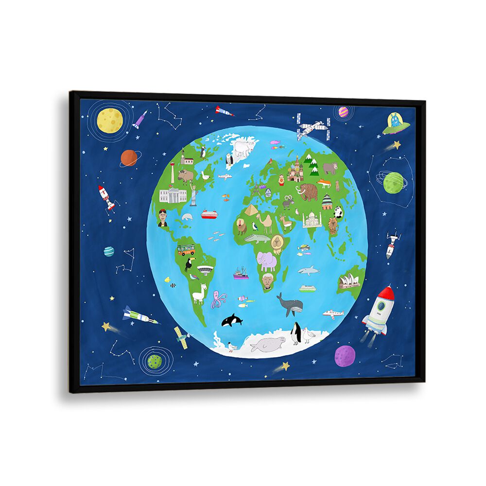 Illustrated Map Of The World From Space By Carla Daly Kids Painting in Black Plain Frame