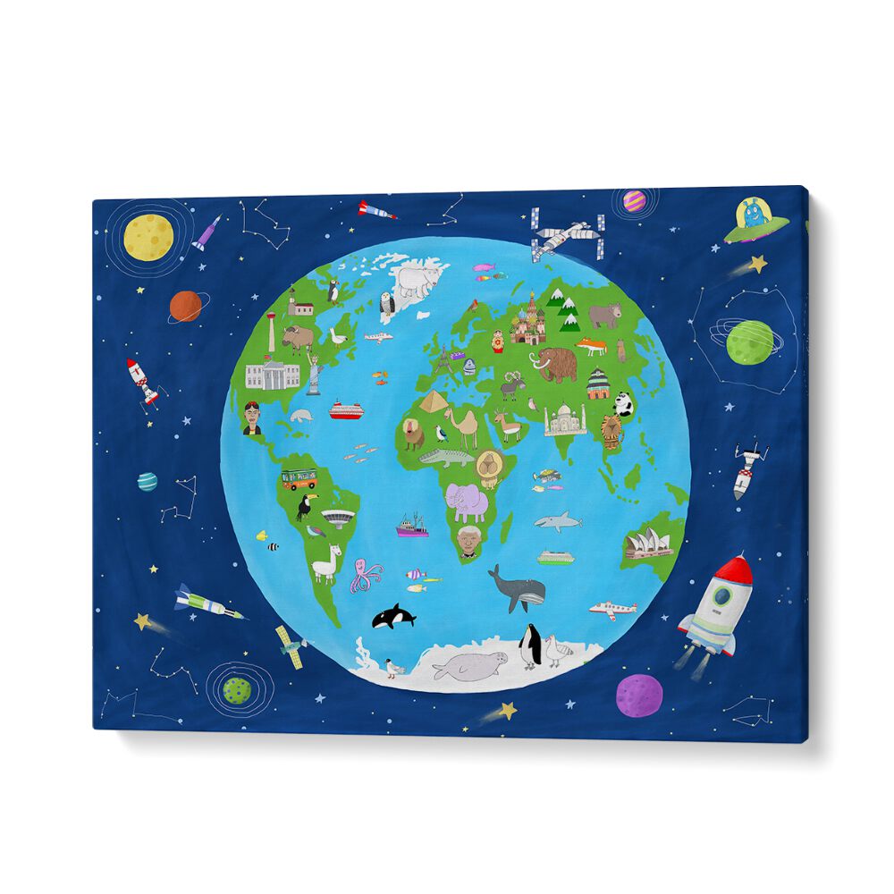 Illustrated Map Of The World From Space By Carla Daly Kids Painting in Gallery Wrap