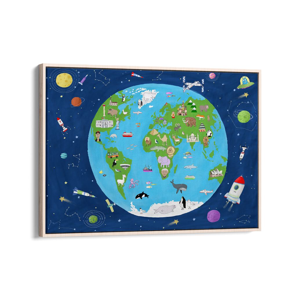 Illustrated Map Of The World From Space By Carla Daly Kids Painting in Oak Wood Floater Frame