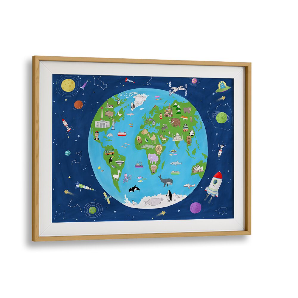 Illustrated Map Of The World From Space By Carla Daly Kids Painting in Oak Wood Frame With Mount