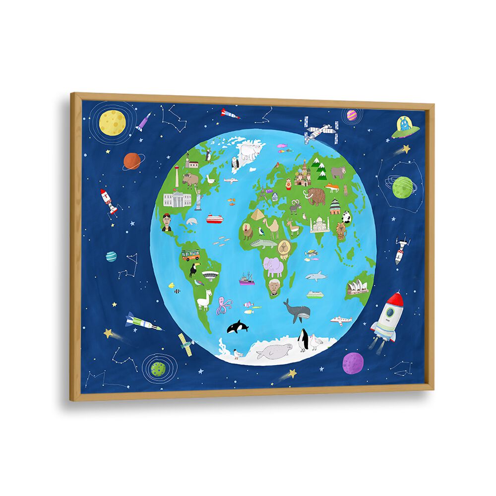 Illustrated Map Of The World From Space By Carla Daly Kids Painting in Oak Wood Plain Frame