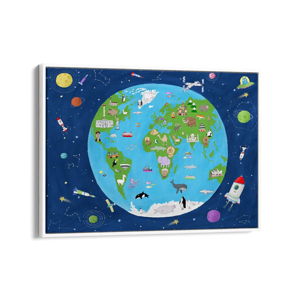 Illustrated Map Of The World From Space By Carla Daly Kids Painting in White Floater Frame