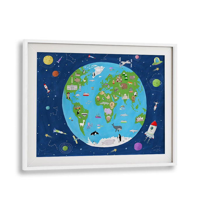 Illustrated Map Of The World From Space By Carla Daly Kids Painting in White Frame With Mount