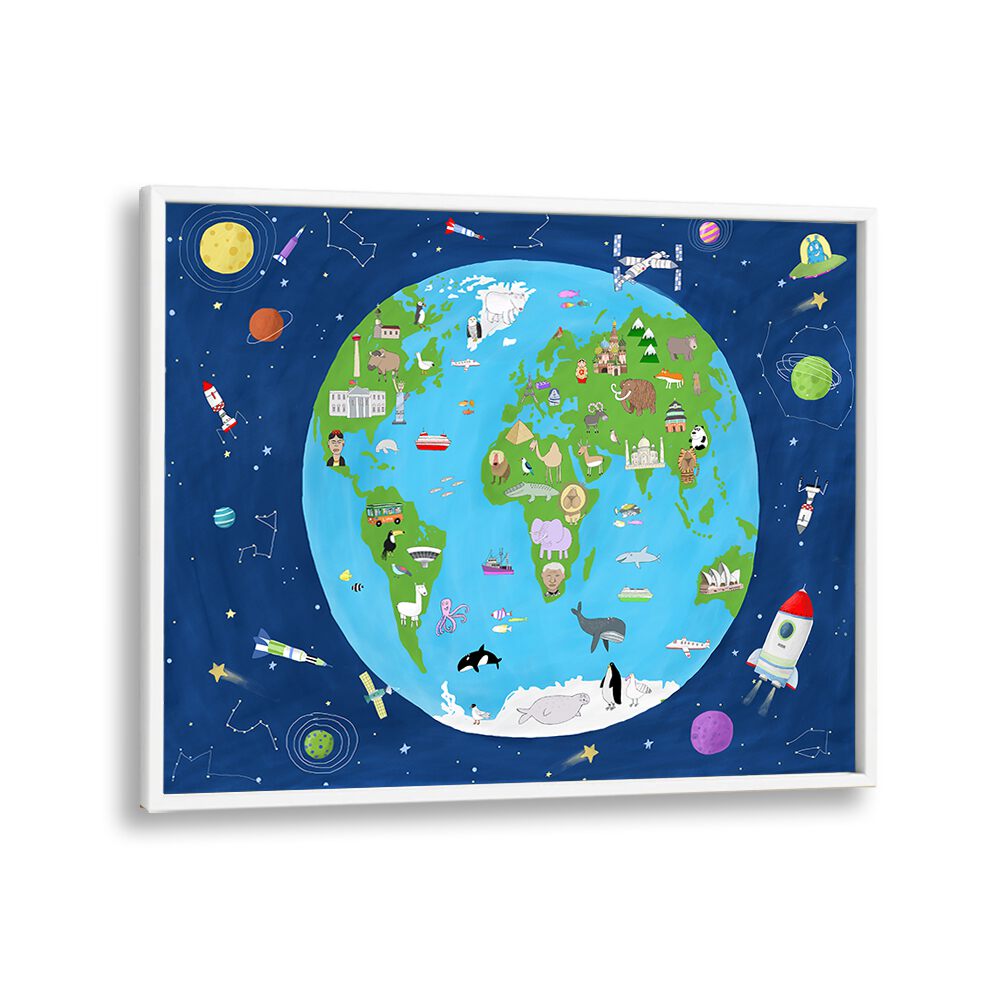 Illustrated Map Of The World From Space By Carla Daly Kids Painting in White Plain Frame