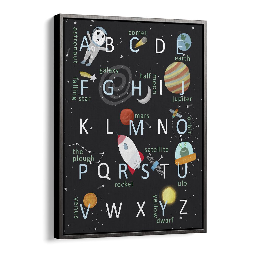 Illustrated Space Alphabet By Carla Daly Kids Painting in Black Floater Frame