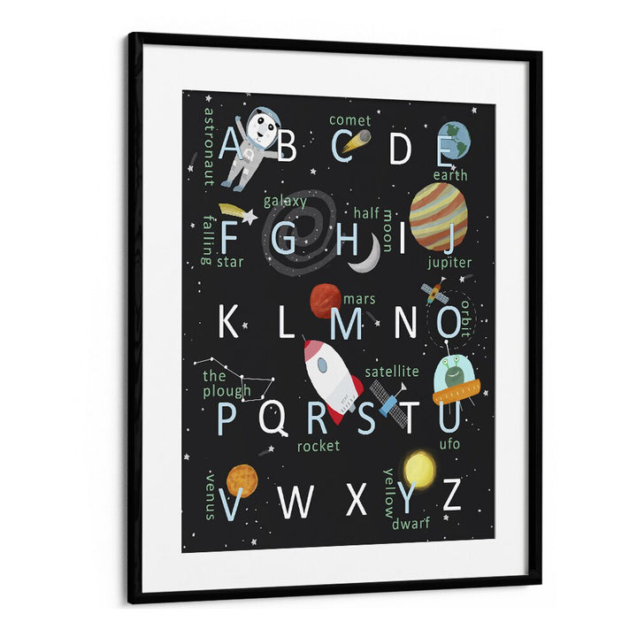 Illustrated Space Alphabet By Carla Daly Kids Painting in Black Frame With Mount